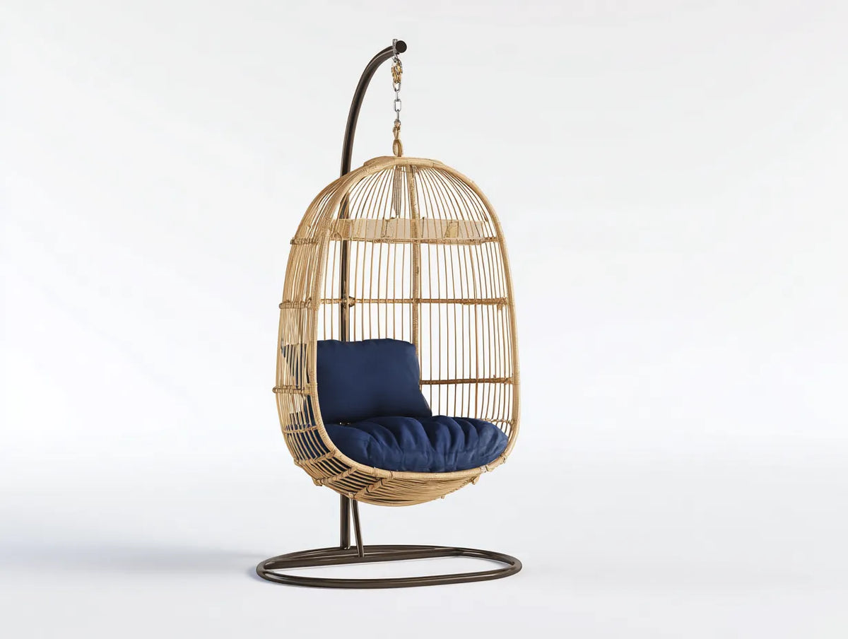 Hängesessel aus Rattan 105×105×195 cm - Natur/Blau/Schwarz - freistehendes Gestell für den Außenbereich