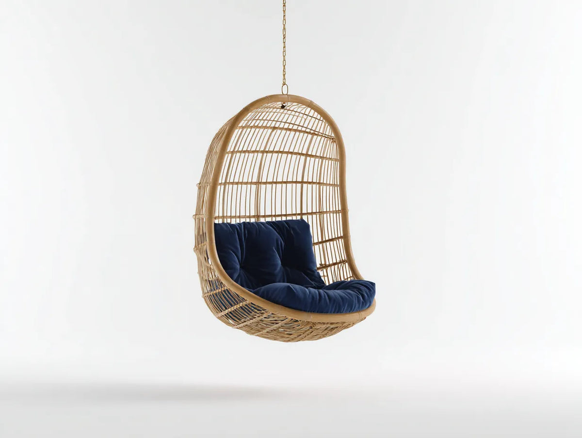 Hängesessel aus Rattan 90×78×125 cm - Natur/Blau - geflochtene Sitzschale zum Aufhängen