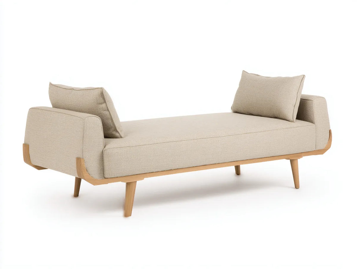 Lange Polsterbank mit Holzrahmen 205×82×68 cm – Beige/Natur – niedrige Schlafzimmerliege