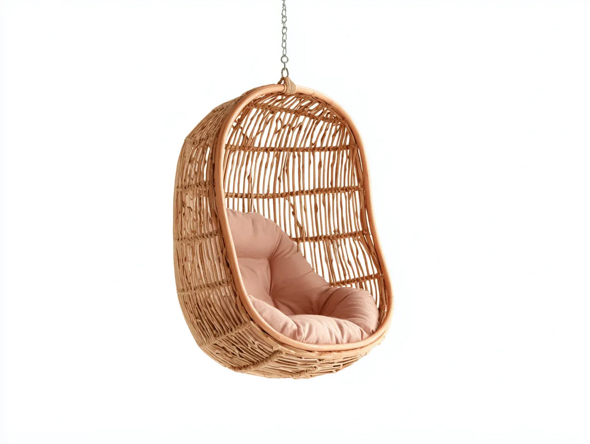 Hängesessel aus Rattan 92×78×128 cm - Natur/Rosa - offene Korbform für den Außenbereich