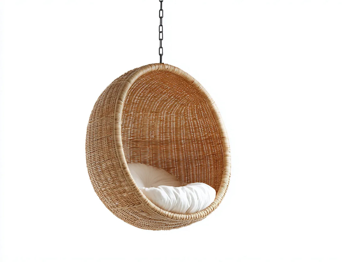 Hängesessel 90×75×110 cm - natur Rattan Stoff - runder Komfortsitz für Außenbereich