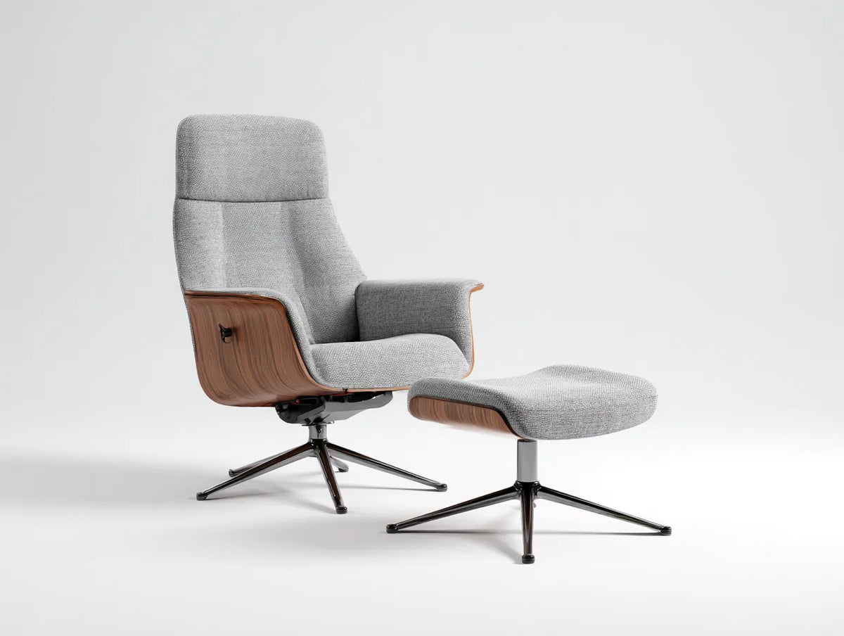 Relaxsessel mit Hocker Stoff 130×90×106 cm – Grau/Braun – hoher Rücken mit Drehfunktion